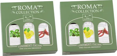 Produktbild von Food-United DRESSING-OLIVENÖL Fläschchen Geschenkset 6x 100ml, ROMA COLLECTION, italienisches Olivenöl extra nativ kaltgepresst mit nur 0,8 % Säure, von TERRE FRANCESCANE, Basilikum Zitrone Chili