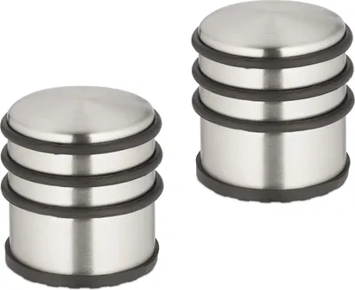 Obrázek produktu pro Relaxdays zarážka dveří z nerezové oceli, sada 2 ks, V x H: 7,5 x 7 cm, vysoká a těžká, protiskluzová, brzdí náraz dveří, stříbrná/černá