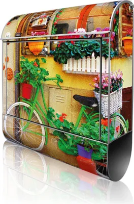 Produktbild von banjado Design Briefkasten Stahl silber mit Zeitungsfach pulverbeschichtet "Grünes Fahrrad" 38x46x12,5cm & 2 Schlüssel - Postkasten A4 Einwurf inkl. Montagematerial [BK 11107]
