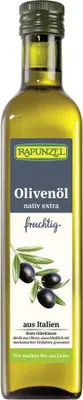 A bottle of Rapunzel olive oil with a label showing brand name, product type, origin, and an illustration of olives.