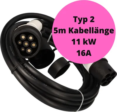 Produktbild von ABSINA Typ 2 Ladekabel 11kW & 16A für Hybrid & Elektroauto - 5m Ladekabel 3 phasig für Model 3, e-Up, ID.3, Zoe, EQ fortwo, ID.4 uvm