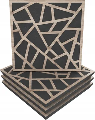 A stack of four acoustic wall panels with a geometric wood-grain pattern over a dark background.