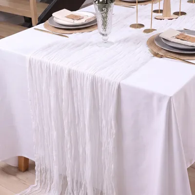 Produktbild von G.schmückt Chiffon Tischläufer Schal 3 Meter lang 90 cm breit, Tischdecke Stoff in Knitteroptik für Hochzeiten & Festlichkeiten Weiß