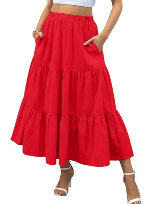 Produktbild von Lange Rock für Damen - Hohe Taille Maxirock mit Taschen, Rot, S-XXL