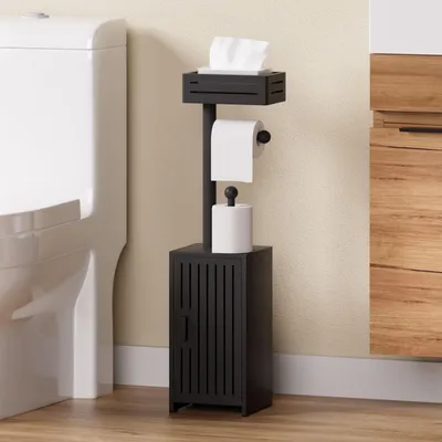 Produktbild von Toilettenpapierhalter Bambus Badezimmerschrank Schmaler Aufbewahrungsschrank mit Ablagefläche & Rollenhalter Schwarz