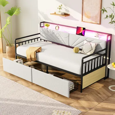 Produktbild von MODFU Schlafsofa 90x200,Jugendbett mit LED-Beleuchtung & Ablagen,Eisenbett mit 2 Schubladen & steckdosen,ohne Matratze,Beige