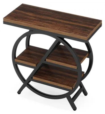 Produktbild von Beistelltisch mit Stauraum - Schmaler Sofabeistelltisch aus Holz 3 Ebenen - Wohnzimmertisch - Geometrisches Metallgestell - Rechteckig 30x65x66,5 cm - Rustikalbraun