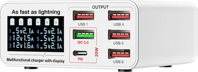 Obrázek produktu pro 6portová multifunkční stolní nabíjecí stanice s chytrým displejem USB nabíječka pro více zařízení Zástrčka EU