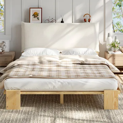 Produktbild von Flieks Holzbett Klassisches Bett 140x200cm mit gepolsterter Rückenlehne, Jugendbett Kinderbett mit Lattenrost, Doppelbett Naturbelassen