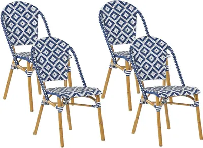 Produktbild von BELIANI Rattanstuhl 4er Set mit blauem und weißem Muster Metall Beine in Holzoptik Außenbereich Modern