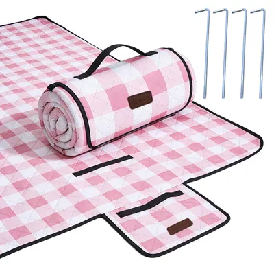 Immagine prodotto di Coperta da picnic impermeabile, pieghevole, 203 x 203 cm, motivo a quadretti rosa