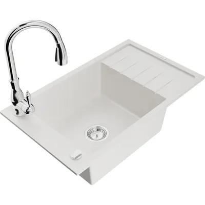 Obrázek produktu pro Mexen Elias 1-miskový granitový dřez s odkapávačem a kuchyňskou baterií Savita, Bílá - 6511-20-672601-00