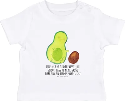 Produktbild von Mr. & Mrs. Panda  T-Shirt Avocado Kern rollt 6. - 12. Monat - Weiß - Geschenk, Baby Shirt, Babyshirt, Liebe, Geburtstag, Love, Baumwollshirt, Avocados