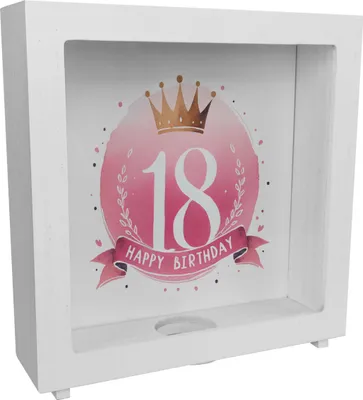 Produktbild von Happy Birthday 18 Krone Rahmen Spardose aus Holz