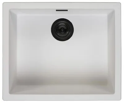 Zdjęcie produktu dla Biały zlew 50 x 40 cm, do zabudowy pod blatem, montowany na powierzchni, z korkiem w matowym czarnym kolorze, model 1208970530