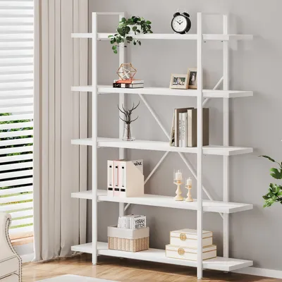 Immagine prodotto di Libreria a 5 ripiani, bianca, in metallo e legno, stile industriale, dimensioni 178 x 120 x 32 cm