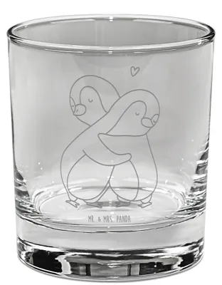 Produktbild von Mr. & Mrs. Panda Tumbler Glas Pinguine Kuscheln - Transparent - Geschenk, Gravur Whiskyglas, Jahrestag, Valentinstag, Bourbon, Hochzeitstag, für Freundin, Rocks, Frauen