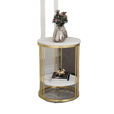 Image de Table d'appoint en marbre, 2 niveaux de rangement, cadre métallique doré, or