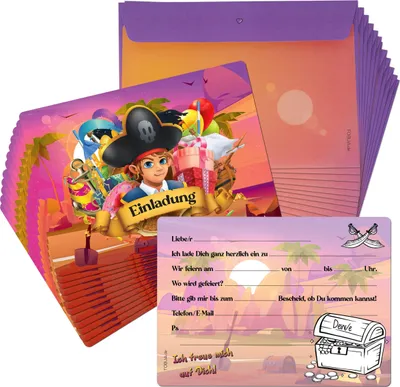 Produktbild von 12 Einladungskarten inkl. Umschläge "Piraten Party"