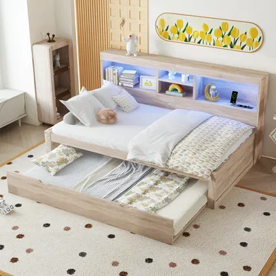 Productafbeelding van AIORBER slaapbank, 90x200 cm, uitschuifbaar bed, designmodel, met sfeerverlichting, USB-aansluiting, geschikt voor kinderkamers, logeerkamers, naturel (zonder matras)