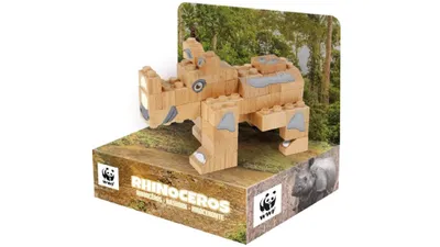Productafbeelding van FabBrix WWF Houten Bouwblokken, Neushoorn. Houten bouwblokken van gecertificeerd beuken, 100% compatibel met traditionele bouwblokken