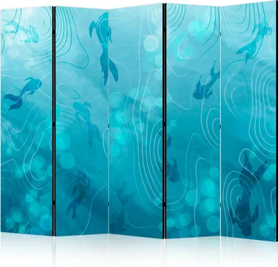 Produktbild von 5-teiliger Doppelseitiger Vlies Paravent - Koi Fish Beneath the Water Surface - A Cluster of Japanese Fish in the Depths of the Pond in Shades of Navy and Blue 225x172 cm g-C-10139-z-b