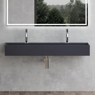 Produktbild von Mai & Mai Waschbecken Aufsatzwaschbecken Hängewaschbecken aus Mineralguss 120x40x12cm in Anthrazit matt mit 2 Armaturenlöcher Col6028