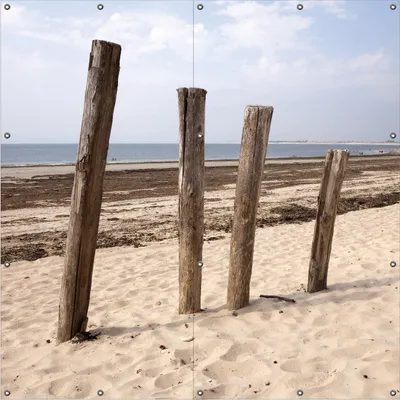 Produktbild von Wallario Outdoor-Poster für Garten oder Balkon, Motiv Sandstrand mit Holzpfählen am Atlantischen Ozean, in ca. 180 x 180 cm