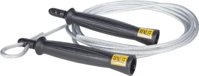 A jump rope with black handles and a silver cable is laid out on a white background.
