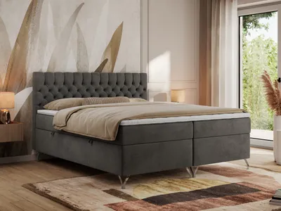 Produktbild von MKS MEBLE Boxspringbett 180x200, Bett 180x200 mit Matratze H4, Boxspringbett 180x200 mit Bettkasten und Topper, Polsterbett 180x200 Füße - GRIMALDI - 180x200 - Dunkelgrau Velvet - H4