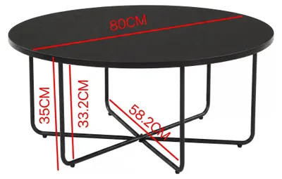 Couchtisch Rund 80 cm Schwarz mit Eiche-Optik und Metallgestell, Gesamtansicht von oben mit Maßangaben zur Breite und Höhe.