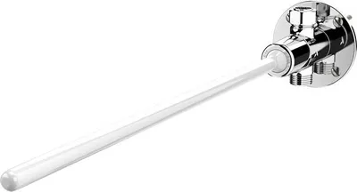 A close-up shot of a chrome valve with a white rod extending from it, set against a white background.