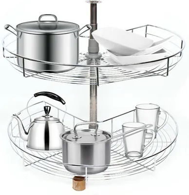 A two-tiered corner shelf unit holding kitchenware.