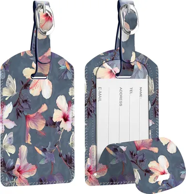 Produktbild von [2 Stück] Fintie Kofferanhänger aus Kunstleder, Gepäckanhänger ID Etikett mit Adressschild Namenschild für Reisetasche Koffer, Blühender Hibiskus
