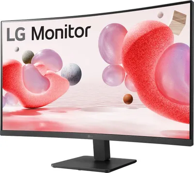 A curved LG monitor with abstract pink and red shapes on its screen.