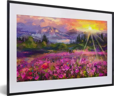 Produktbild von MuchoWow® Gerahmtes Poster Gemälde - Ölfarbe - Blumen - Natur - Sonne 60x40 cm - Poster mit Schwarzem Bilderrahmen Wandposter Rahmen Foto Bilder - Schlafzimmer - Plakat in Rahmen - Drucken