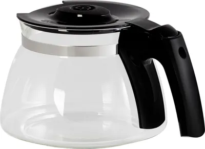 A clear glass coffee pot with a black handle and lid.