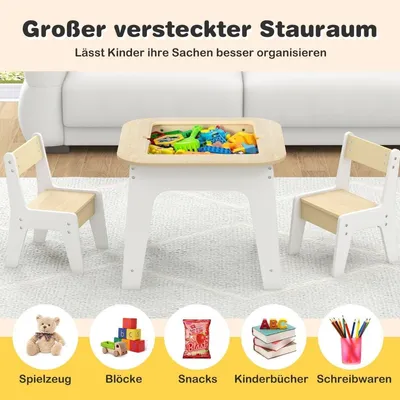 Image de Table pour enfants avec 2 chaises Ensemble de sièges pour enfants 3 pièces en bois avec plateau de table double face