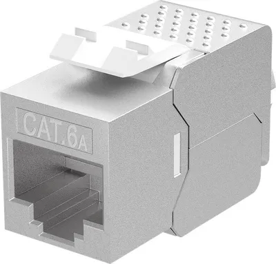 Produktbild von Keystone Modul RJ45 CAT 6A, STP, slim-line 14,7 mm breit, 180° Kabelauslass, Krokodil-Typ, Klemmleiste für LSA Montage (werkzeugfrei)