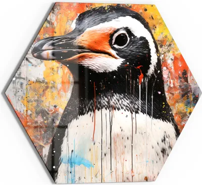 Produktbild von DEQOART Glasbild Echtglas 55x48 cm 'Pinguin im Farbrausch' Wandbild Bild modern Deko