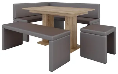 Image de Banquette d'angle AKIKO METAL avec table et bancs 196x142 droite - Ensemble de banquettes d'angle pour votre salle à manger, cuisine moderne, coin salon, coin repas. Parfait pour la cuisine, le bureau et la réception