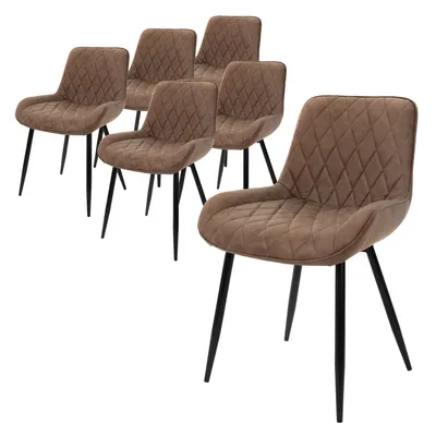 A set of six brown dining chairs with diamond-stitched upholstery and black metal legs, arranged on a white background.