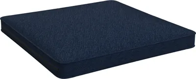 A dark blue cushion is shown from a slightly elevated angle against a white background.