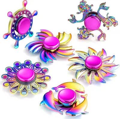 Productafbeelding van Fidget spinner set metaal - 6 stuks kleurrijk vingerspeelgoed - Ideaal als uitdeelspeelgoed kinderfeestje