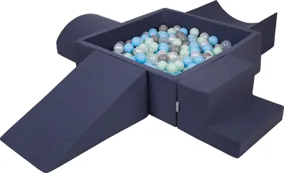 Obrázok produktu pre KiddyMoon Mäkké penové ihrisko pre deti s Štvorec loptičkovým ihriskom (300 ∅ 7 cm) s mäkkými prekážkami a loptičkovým bazénom,  vyrobené v EÚ, Tmavomodrá:Perla/Grey/Transparentné/Babyblu