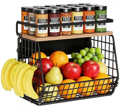 Productafbeelding van Magnetische keukenplank, metalen fruitmand, opbergmand zonder boren, met haken, geschikt voor koelkast en keuken