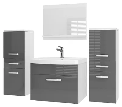 Produktbild von BELINI Badmöbel Set PRI P4 120 cm Grau Hochglanz - Moderner Badschrank mit Waschbecken & Spiegel, Vollausstattung Wandmontage