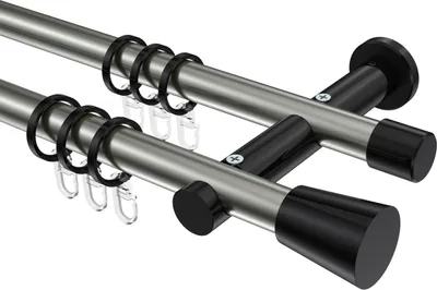 Produktbild von Interdeco Gardinenstange / Vorhangstange Edelstahl-Optik / Schwarz, Typ Platon Sitra (Konus), 20 mm Ø 2-läufig, 440 cm