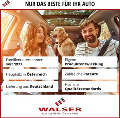 A family and their dog are in a car, with marketing text overlayed.