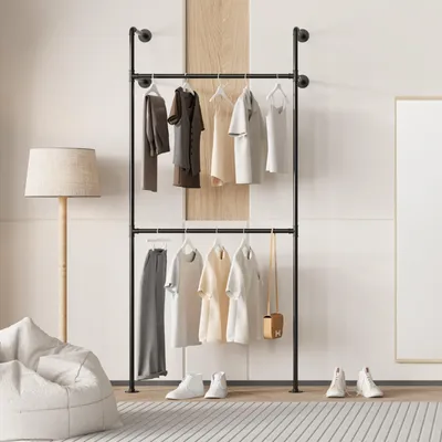 Wandgarderobe Metallrohr, 2 Ebenen, 105x220 cm, schwarz